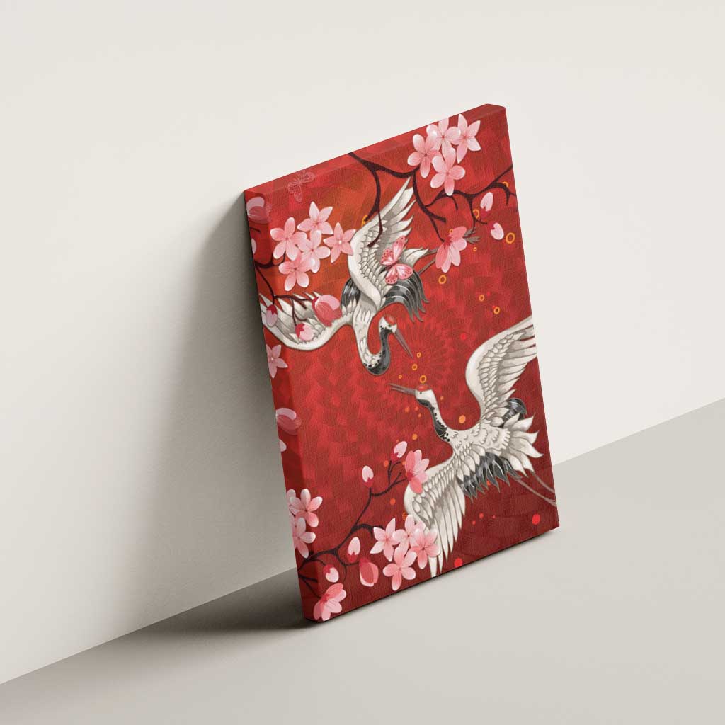 Hawaii Japan Cranes Sakura Flower Red Canvas Wall Art Japan Heritage Spirit - Polynesian Pride