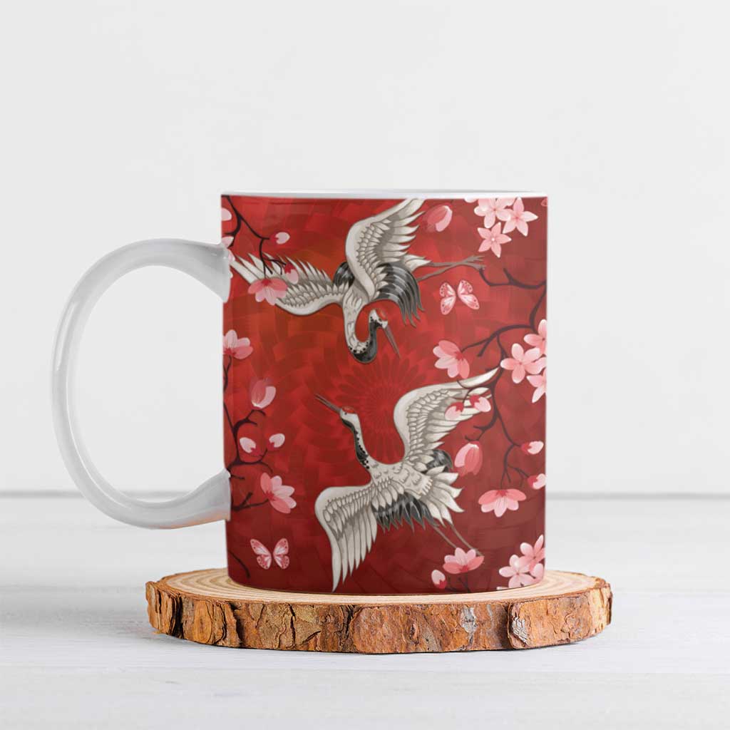 Hawaii Japan Cranes Sakura Flower Red Ceramic Mug Japan Heritage Spirit - Polynesian Pride
