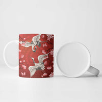 Hawaii Japan Cranes Sakura Flower Red Ceramic Mug Japan Heritage Spirit - Polynesian Pride