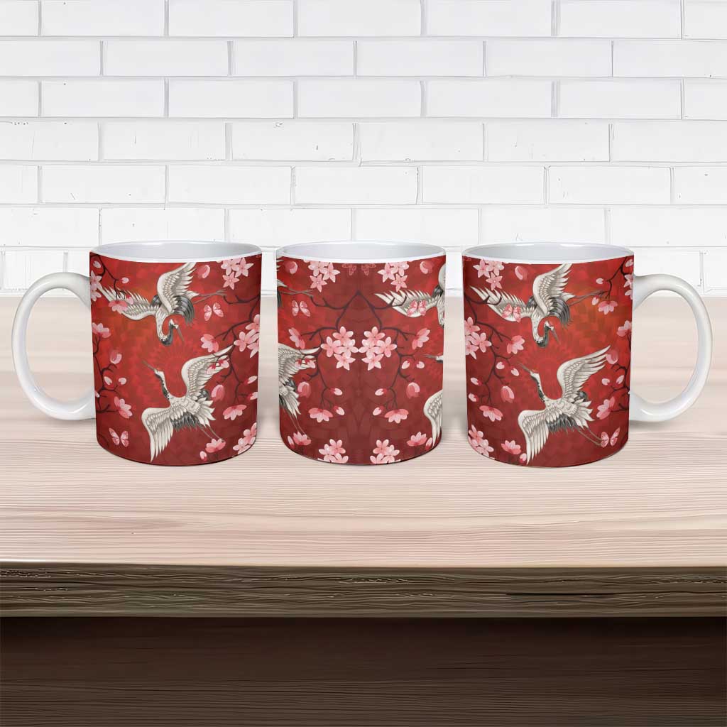 Hawaii Japan Cranes Sakura Flower Red Ceramic Mug Japan Heritage Spirit - Polynesian Pride