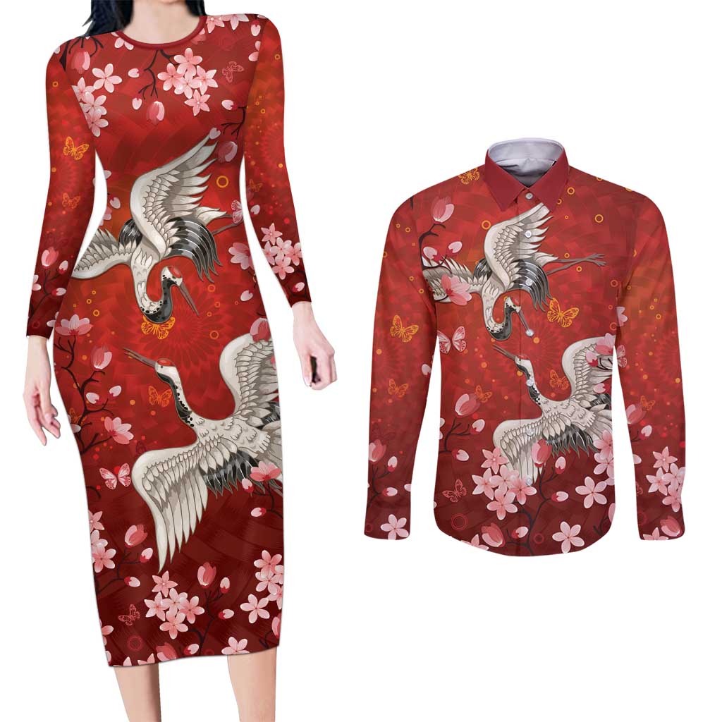 Hawaii Japan Cranes Sakura Flower Red Couples Matching Long Sleeve Bodycon Dress and Long Sleeve Button Shirt Japan Heritage Spirit - Polynesian Pride