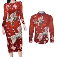 Hawaii Japan Cranes Sakura Flower Red Couples Matching Long Sleeve Bodycon Dress and Long Sleeve Button Shirt Japan Heritage Spirit - Polynesian Pride