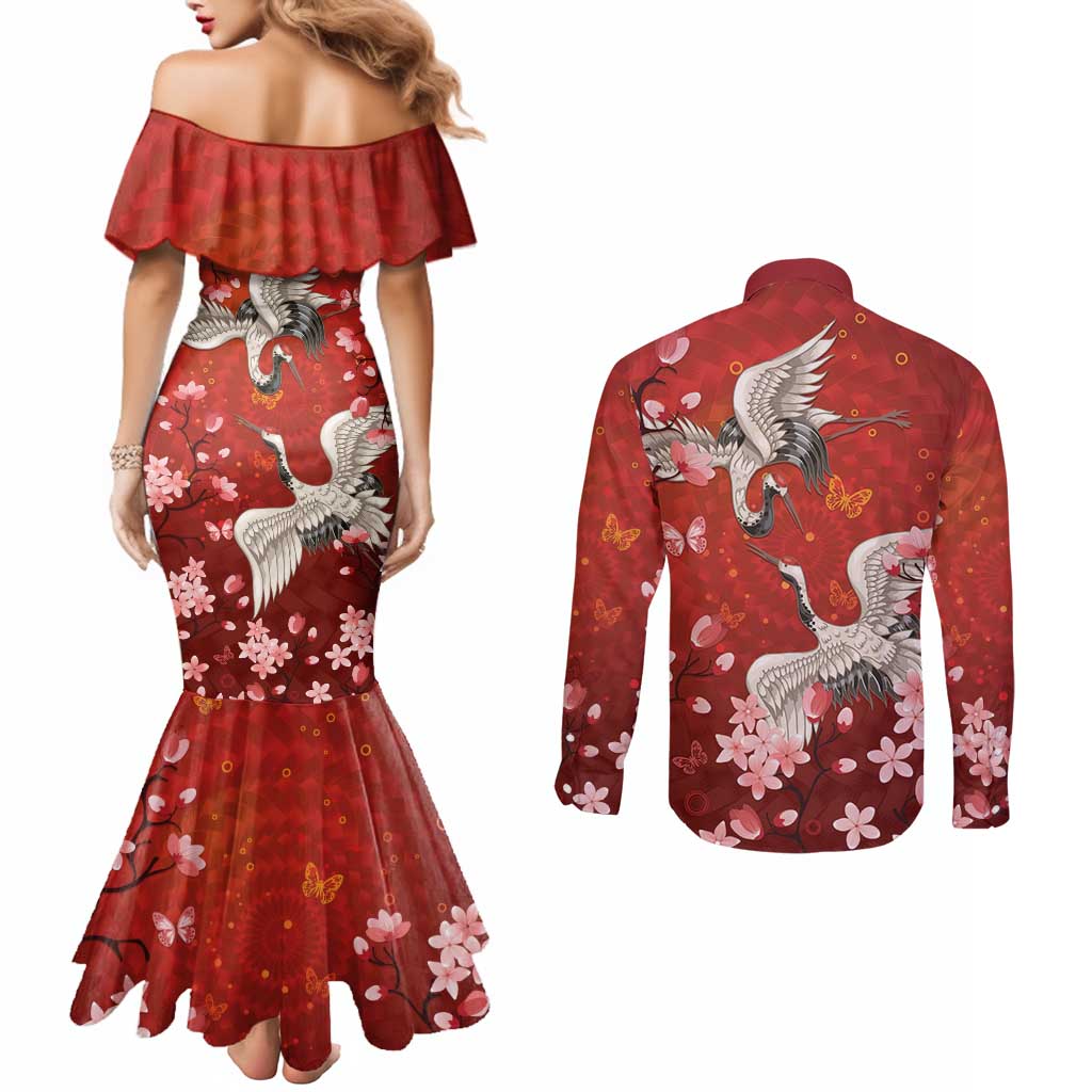 Hawaii Japan Cranes Sakura Flower Red Couples Matching Mermaid Dress and Long Sleeve Button Shirt Japan Heritage Spirit - Polynesian Pride