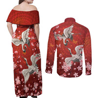 Hawaii Japan Cranes Sakura Flower Red Couples Matching Off Shoulder Maxi Dress and Long Sleeve Button Shirt Japan Heritage Spirit - Polynesian Pride