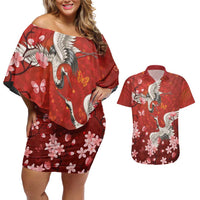 Hawaii Japan Cranes Sakura Flower Red Couples Matching Off Shoulder Short Dress and Hawaiian Shirt Japan Heritage Spirit - Polynesian Pride