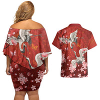 Hawaii Japan Cranes Sakura Flower Red Couples Matching Off Shoulder Short Dress and Hawaiian Shirt Japan Heritage Spirit - Polynesian Pride