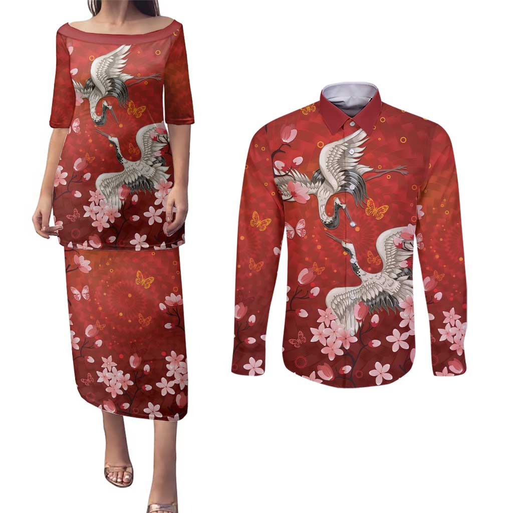 Hawaii Japan Cranes Sakura Flower Red Couples Matching Puletasi and Long Sleeve Button Shirt Japan Heritage Spirit - Polynesian Pride