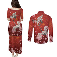 Hawaii Japan Cranes Sakura Flower Red Couples Matching Puletasi and Long Sleeve Button Shirt Japan Heritage Spirit - Polynesian Pride