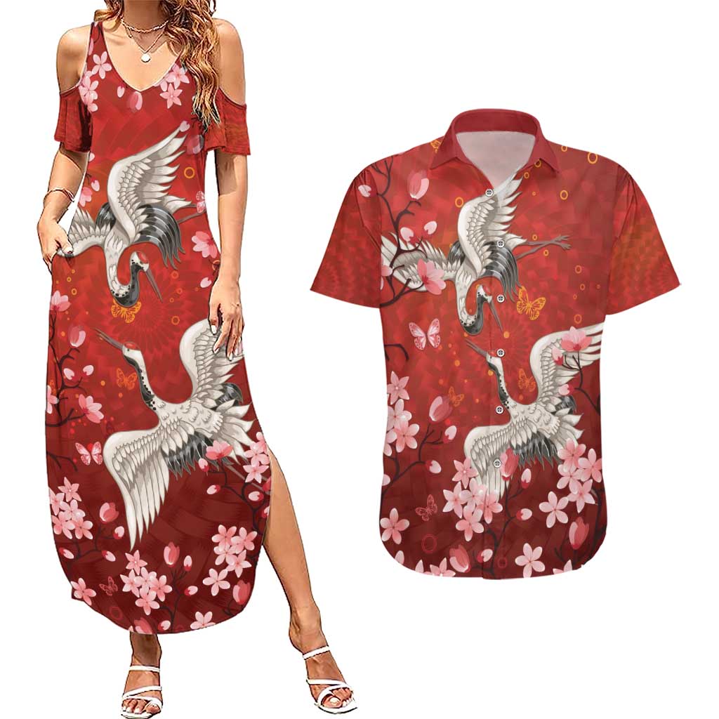 Hawaii Japan Cranes Sakura Flower Red Couples Matching Summer Maxi Dress and Hawaiian Shirt Japan Heritage Spirit - Polynesian Pride