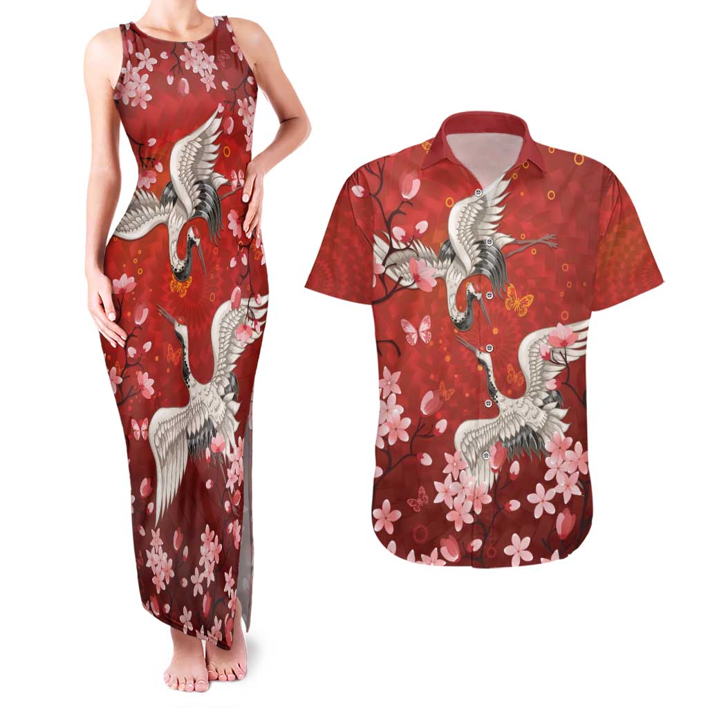 Hawaii Japan Cranes Sakura Flower Red Couples Matching Tank Maxi Dress and Hawaiian Shirt Japan Heritage Spirit - Polynesian Pride