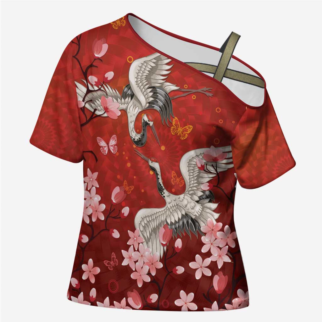 Hawaii Japan Cranes Sakura Flower Red Cross Shoulder Shirt Japan Heritage Spirit - Polynesian Pride