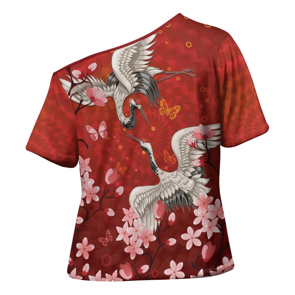 Hawaii Japan Cranes Sakura Flower Red Cross Shoulder Shirt Japan Heritage Spirit - Polynesian Pride