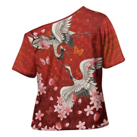 Hawaii Japan Cranes Sakura Flower Red Cross Shoulder Shirt Japan Heritage Spirit - Polynesian Pride