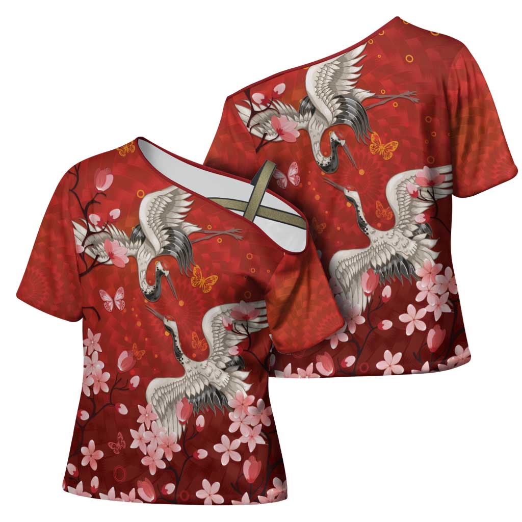 Hawaii Japan Cranes Sakura Flower Red Cross Shoulder Shirt Japan Heritage Spirit - Polynesian Pride