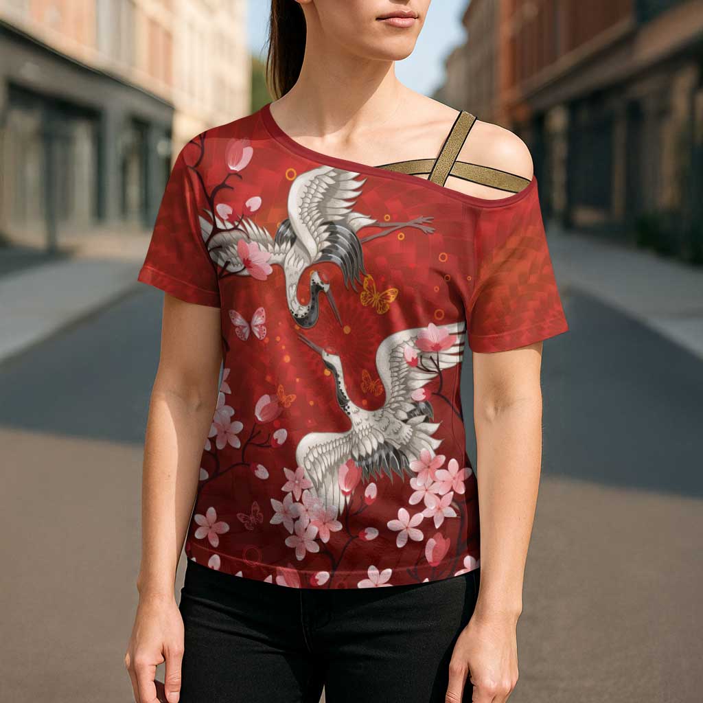Hawaii Japan Cranes Sakura Flower Red Cross Shoulder Shirt Japan Heritage Spirit - Polynesian Pride