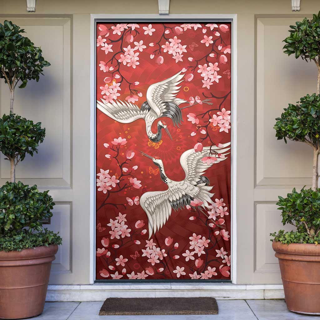 Hawaii Japan Cranes Sakura Flower Red Door Cover Japan Heritage Spirit - Polynesian Pride