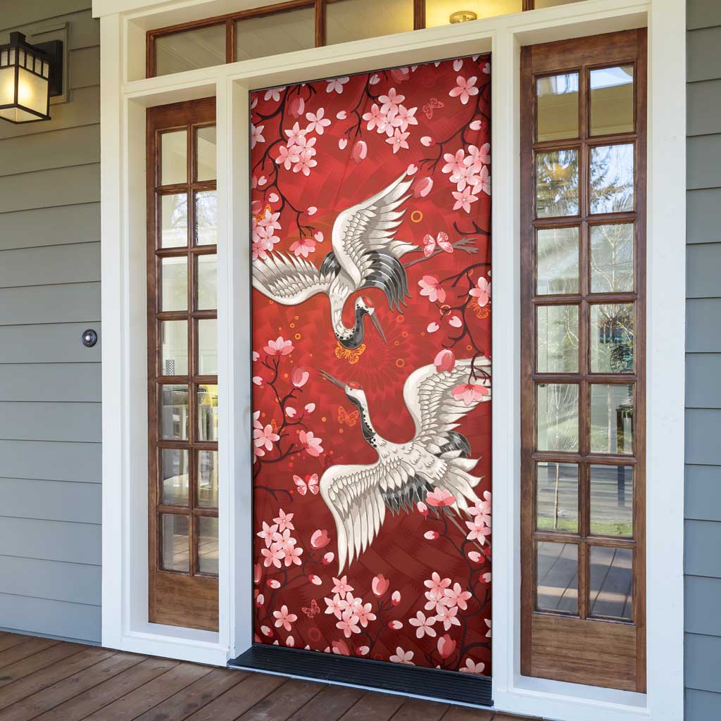 Hawaii Japan Cranes Sakura Flower Red Door Cover Japan Heritage Spirit - Polynesian Pride