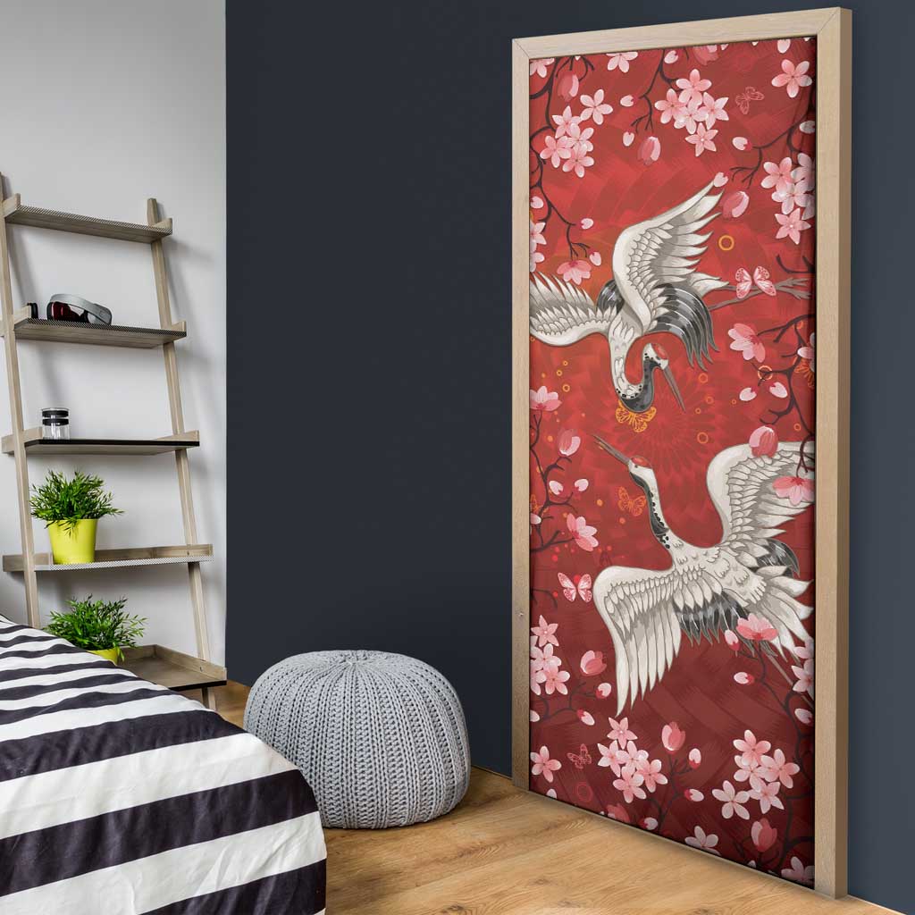 Hawaii Japan Cranes Sakura Flower Red Door Cover Japan Heritage Spirit - Polynesian Pride