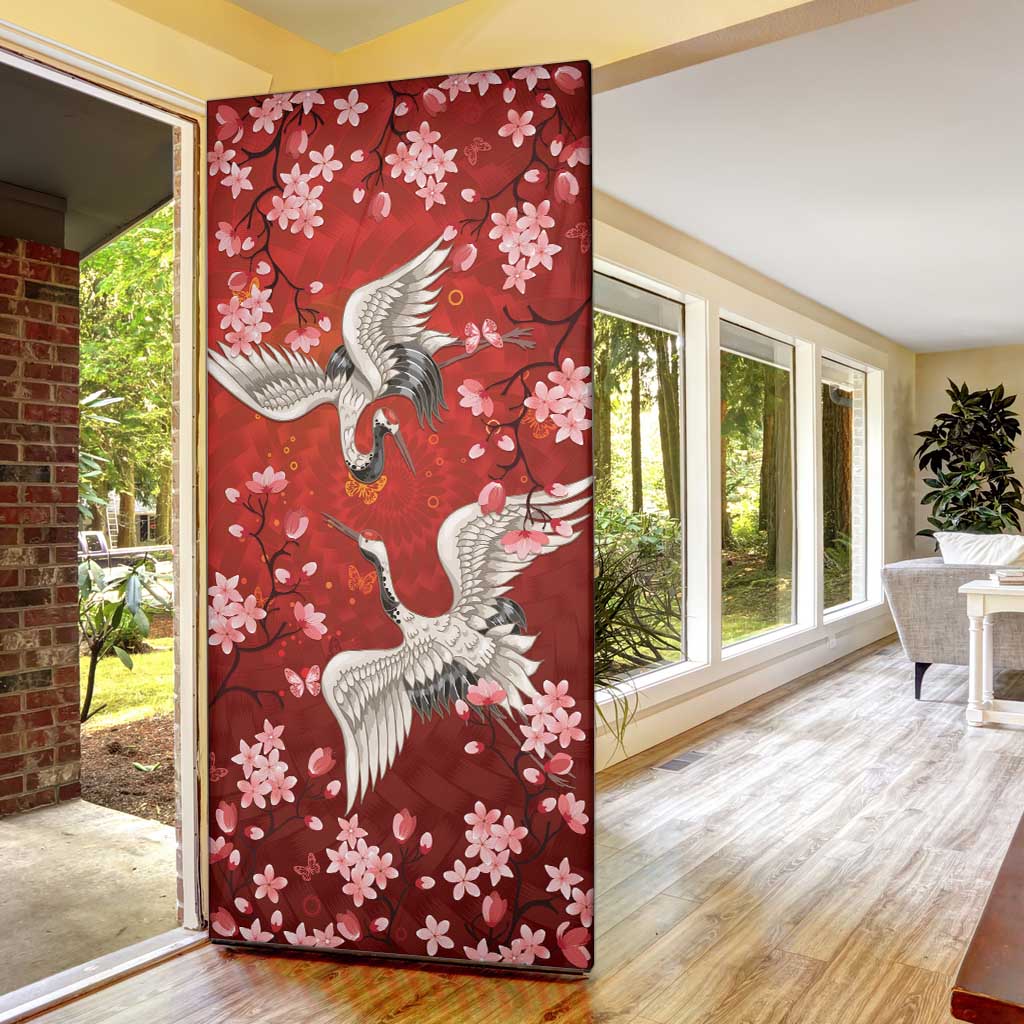 Hawaii Japan Cranes Sakura Flower Red Door Cover Japan Heritage Spirit - Polynesian Pride