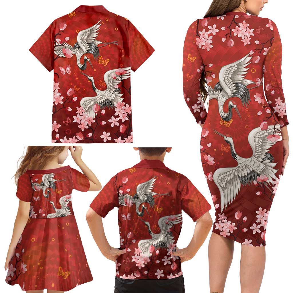 Hawaii Japan Cranes Sakura Flower Red Family Matching Long Sleeve Bodycon Dress and Hawaiian Shirt Japan Heritage Spirit - Polynesian Pride