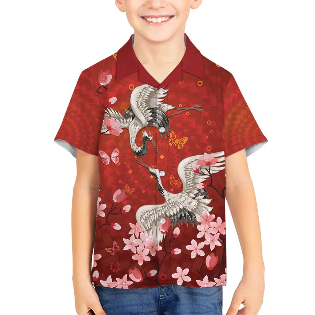 Hawaii Japan Cranes Sakura Flower Red Family Matching Long Sleeve Bodycon Dress and Hawaiian Shirt Japan Heritage Spirit - Polynesian Pride