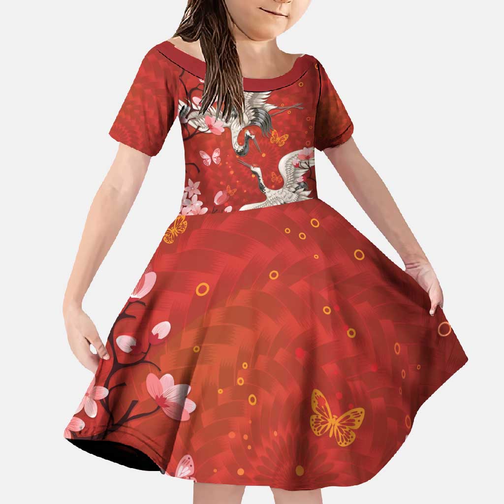Hawaii Japan Cranes Sakura Flower Red Family Matching Mermaid Dress and Hawaiian Shirt Japan Heritage Spirit - Polynesian Pride