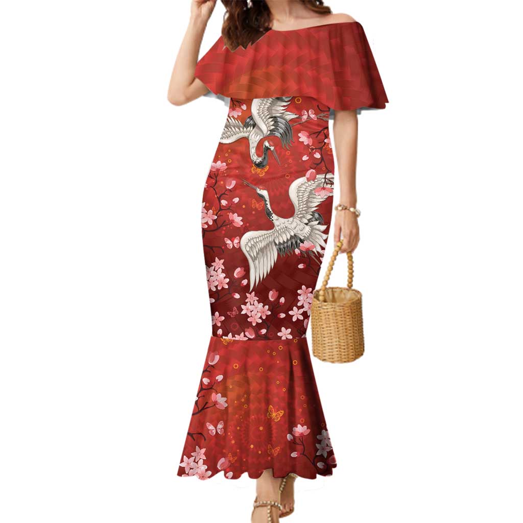 Hawaii Japan Cranes Sakura Flower Red Family Matching Mermaid Dress and Hawaiian Shirt Japan Heritage Spirit - Polynesian Pride