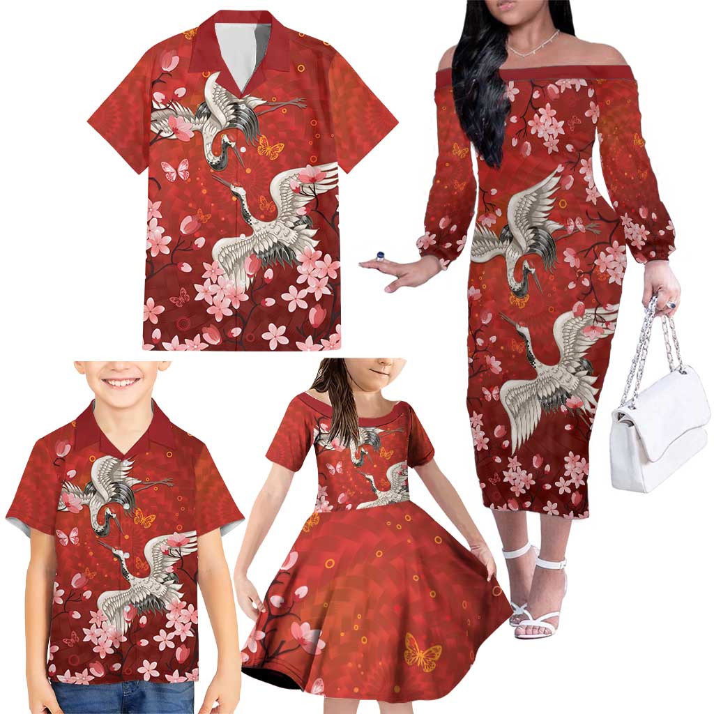 Hawaii Japan Cranes Sakura Flower Red Family Matching Off The Shoulder Long Sleeve Dress and Hawaiian Shirt Japan Heritage Spirit LT01 - Polynesian Pride