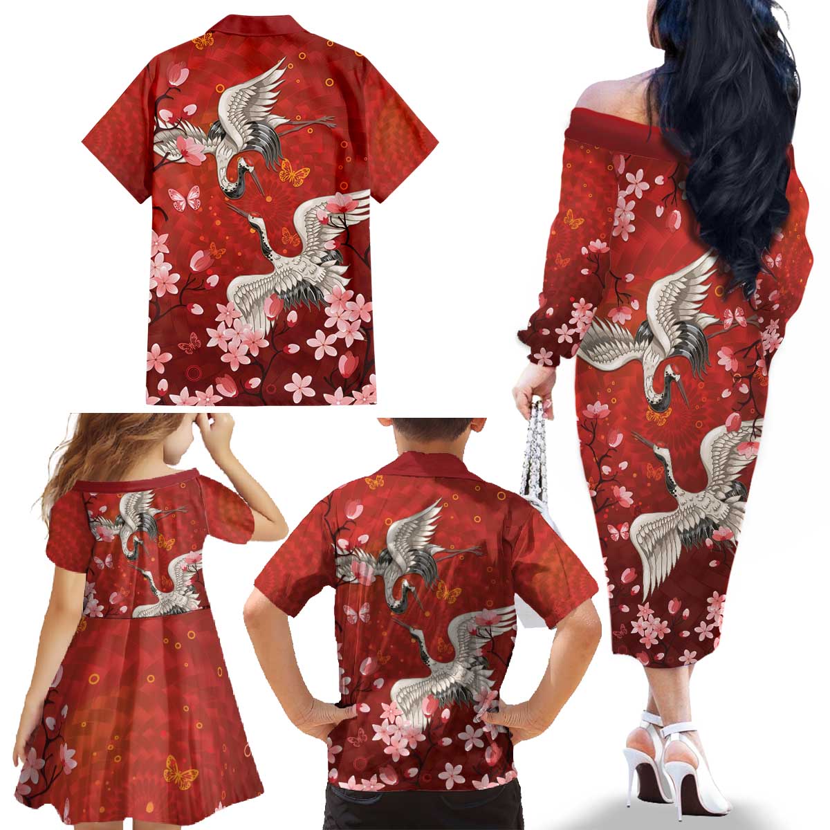 Hawaii Japan Cranes Sakura Flower Red Family Matching Off The Shoulder Long Sleeve Dress and Hawaiian Shirt Japan Heritage Spirit - Polynesian Pride