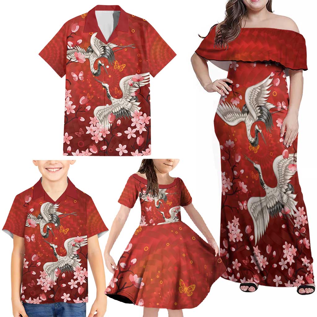 Hawaii Japan Cranes Sakura Flower Red Family Matching Off Shoulder Maxi Dress and Hawaiian Shirt Japan Heritage Spirit - Polynesian Pride