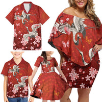Hawaii Japan Cranes Sakura Flower Red Family Matching Off Shoulder Short Dress and Hawaiian Shirt Japan Heritage Spirit - Polynesian Pride