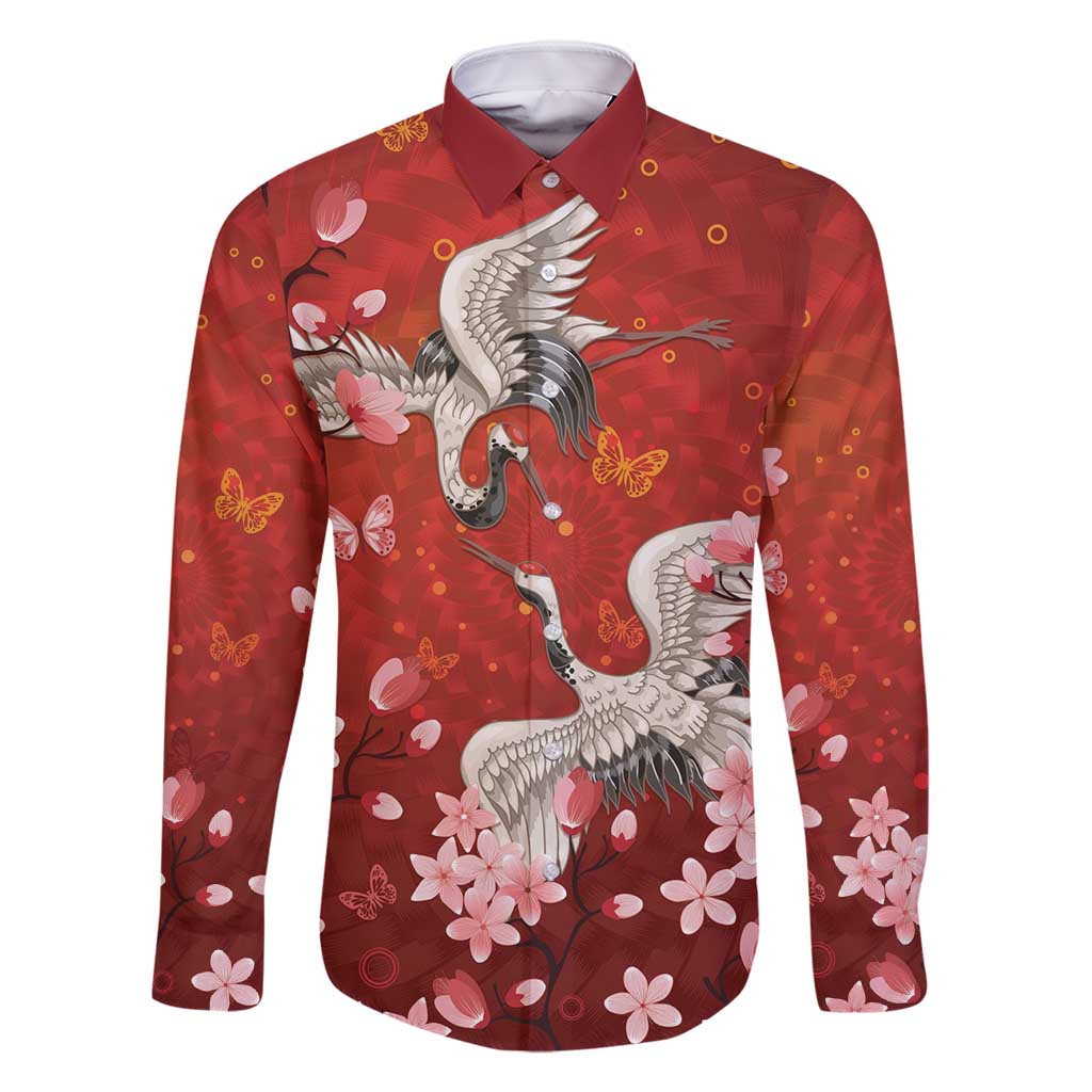 Hawaii Japan Cranes Sakura Flower Red Family Matching Off Shoulder Short Dress and Hawaiian Shirt Japan Heritage Spirit - Polynesian Pride