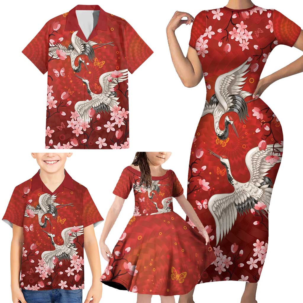 Hawaii Japan Cranes Sakura Flower Red Family Matching Short Sleeve Bodycon Dress and Hawaiian Shirt Japan Heritage Spirit - Polynesian Pride