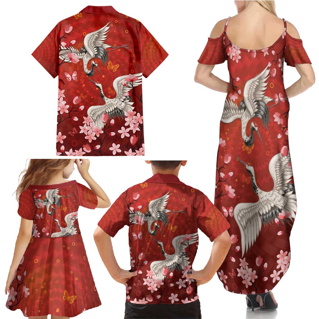 Hawaii Japan Cranes Sakura Flower Red Family Matching Summer Maxi Dress and Hawaiian Shirt Japan Heritage Spirit - Polynesian Pride