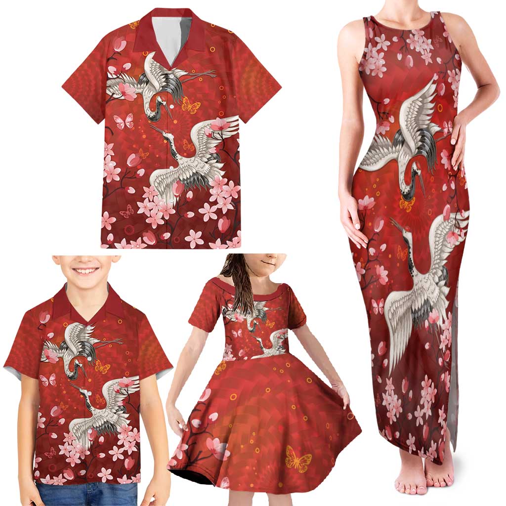 Hawaii Japan Cranes Sakura Flower Red Family Matching Tank Maxi Dress and Hawaiian Shirt Japan Heritage Spirit - Polynesian Pride