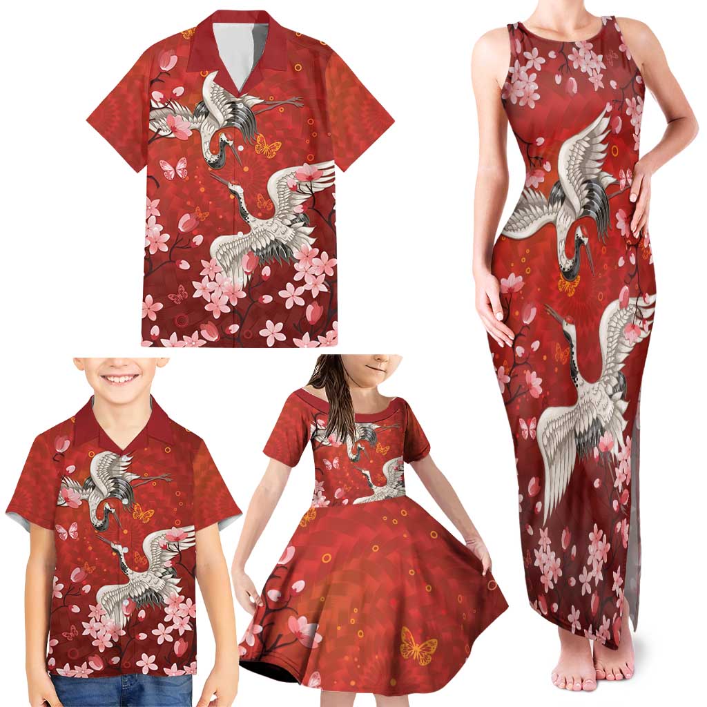 Hawaii Japan Cranes Sakura Flower Red Family Matching Tank Maxi Dress and Hawaiian Shirt Japan Heritage Spirit LT01 - Polynesian Pride