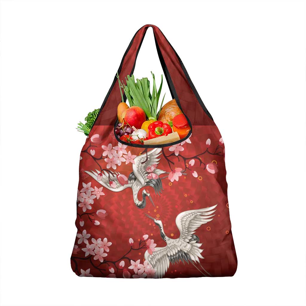 Hawaii Japan Cranes Sakura Flower Red Grocery Bag Japan Heritage Spirit LT01 1-pack One Size Red - Polynesian Pride