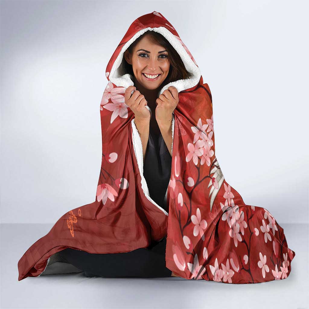 Hawaii Japan Cranes Sakura Flower Red Hooded Blanket Japan Heritage Spirit - Polynesian Pride