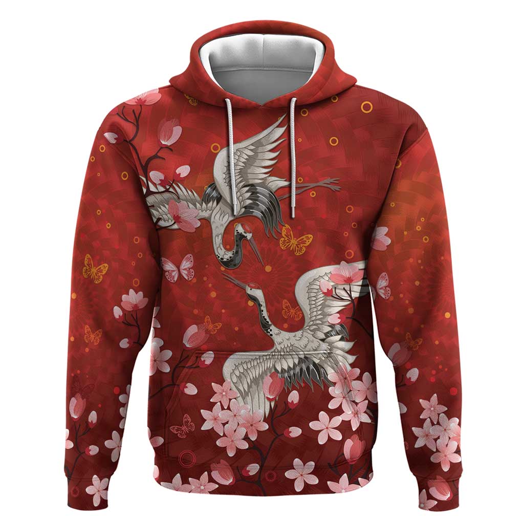 Hawaii Japan Cranes Sakura Flower Red Hoodie Japan Heritage Spirit LT01 Pullover Hoodie Red - Polynesian Pride