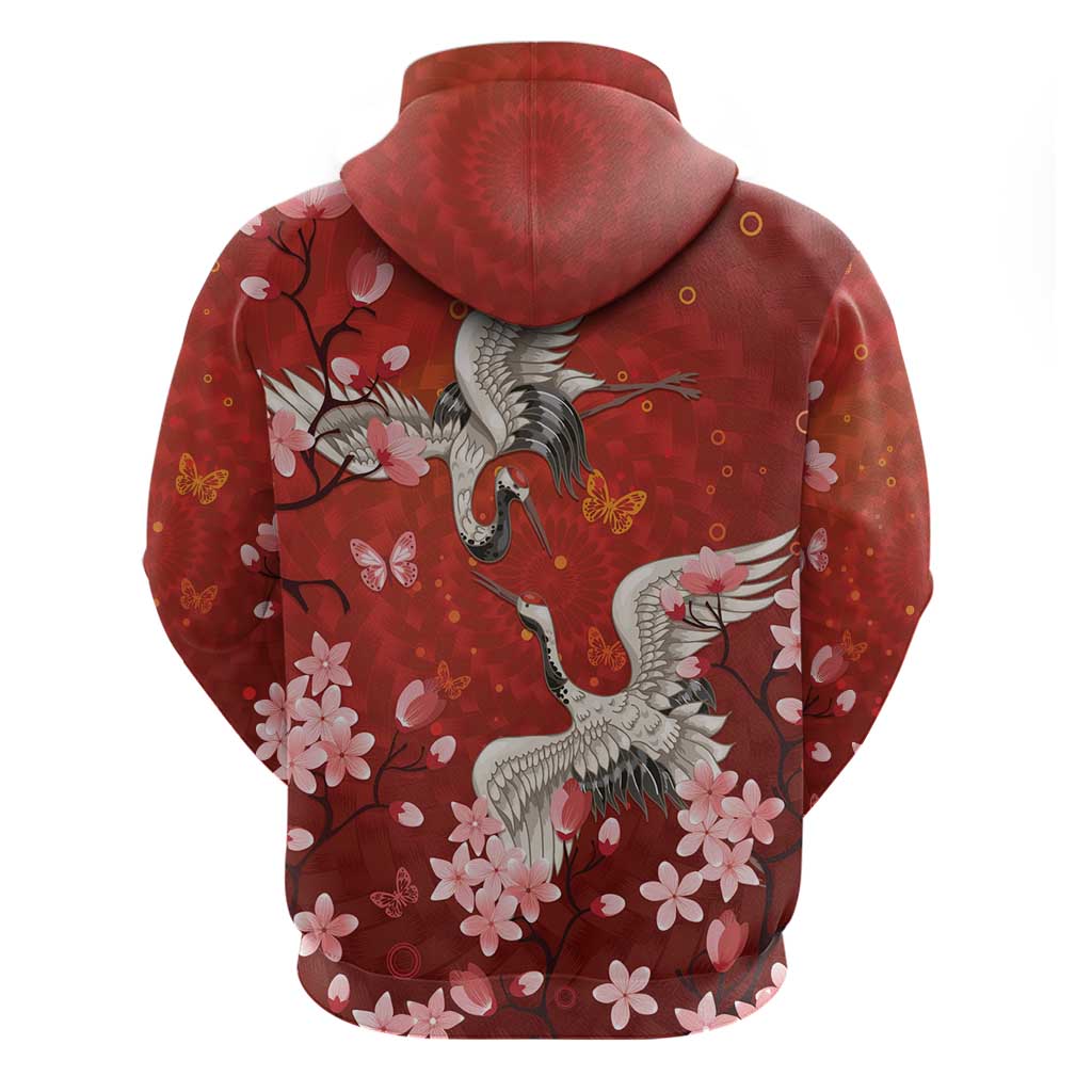 Hawaii Japan Cranes Sakura Flower Red Hoodie Japan Heritage Spirit - Polynesian Pride