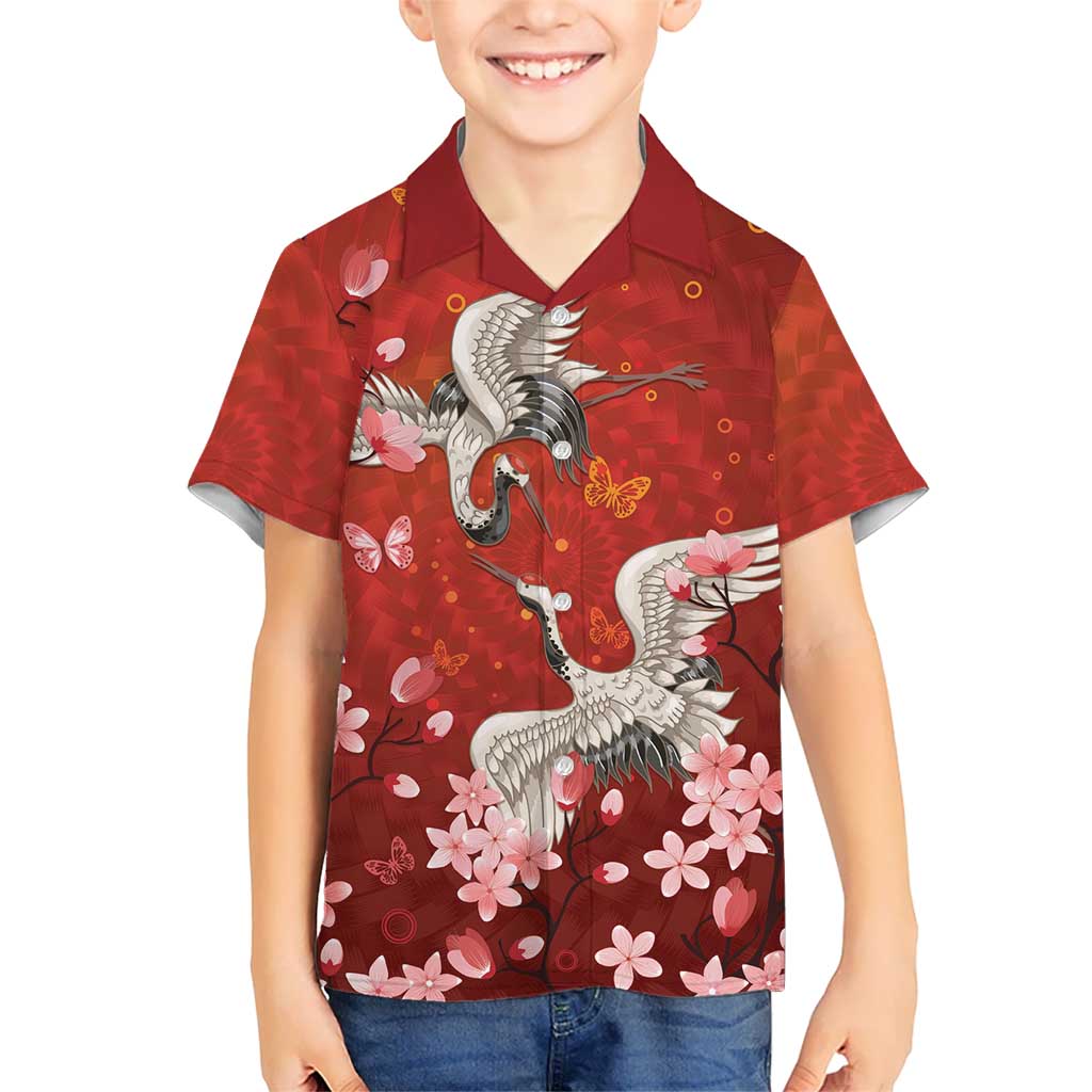 Hawaii Japan Cranes Sakura Flower Red Kid Hawaiian Shirt Japan Heritage Spirit LT01 Kid Red - Polynesian Pride