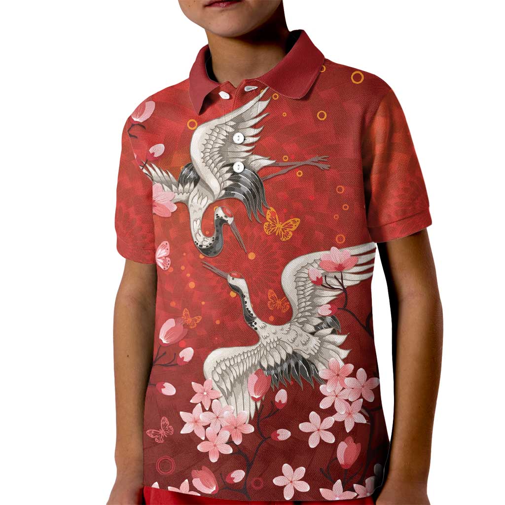 Hawaii Japan Cranes Sakura Flower Red Kid Polo Shirt Japan Heritage Spirit LT01 Kid Red - Polynesian Pride