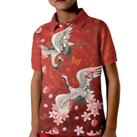 Hawaii Japan Cranes Sakura Flower Red Kid Polo Shirt Japan Heritage Spirit - Polynesian Pride