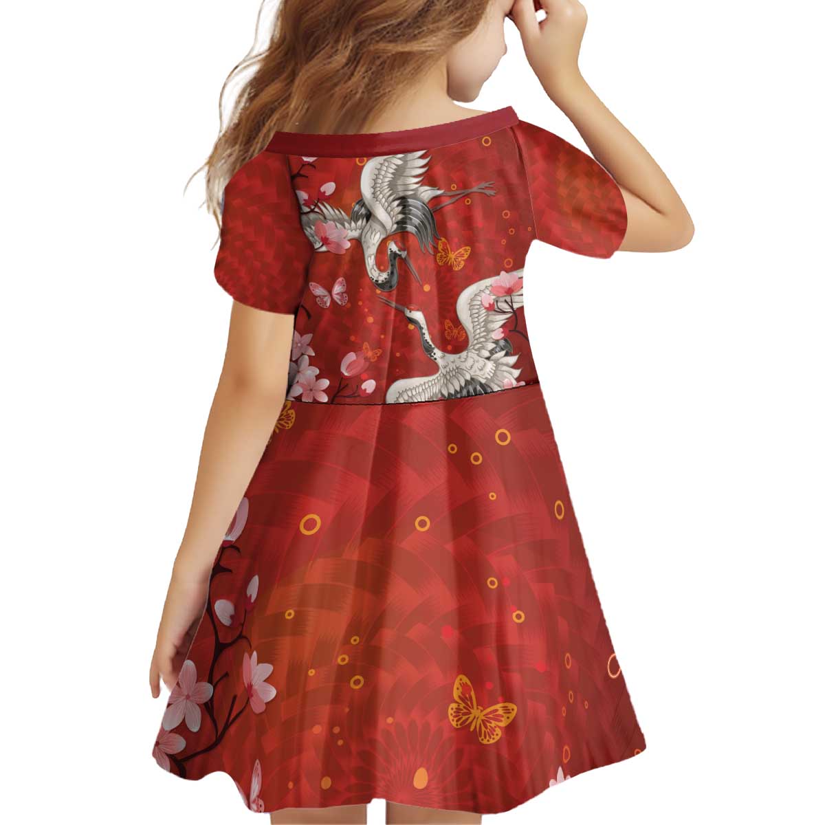 Hawaii Japan Cranes Sakura Flower Red Kid Short Sleeve Dress Japan Heritage Spirit - Polynesian Pride