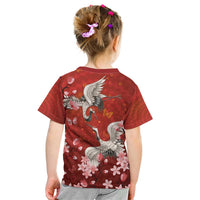 Hawaii Japan Cranes Sakura Flower Red Kid T Shirt Japan Heritage Spirit - Polynesian Pride