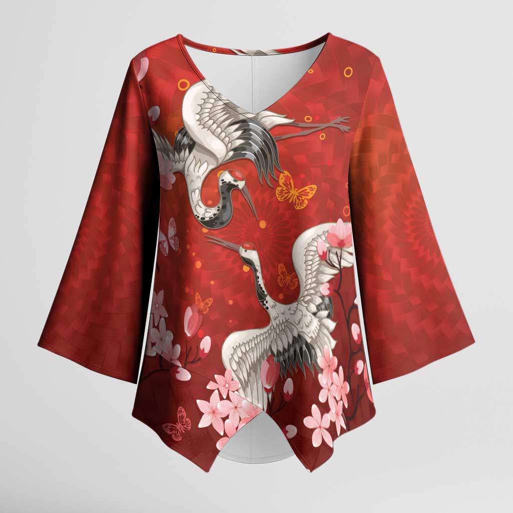 Hawaii Japan Cranes Sakura Flower Red Kimono Sleeve Blouse Japan Heritage Spirit - Polynesian Pride
