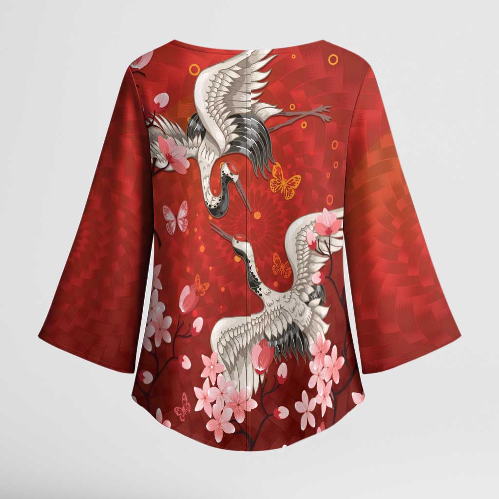 Hawaii Japan Cranes Sakura Flower Red Kimono Sleeve Blouse Japan Heritage Spirit - Polynesian Pride