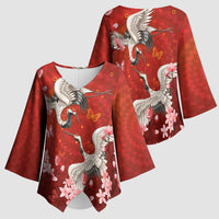 Hawaii Japan Cranes Sakura Flower Red Kimono Sleeve Blouse Japan Heritage Spirit - Polynesian Pride