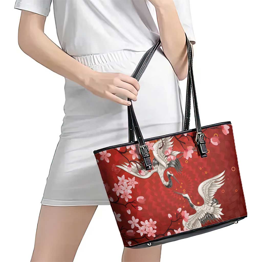 Hawaii Japan Cranes Sakura Flower Red Leather Tote Bag Japan Heritage Spirit - Polynesian Pride