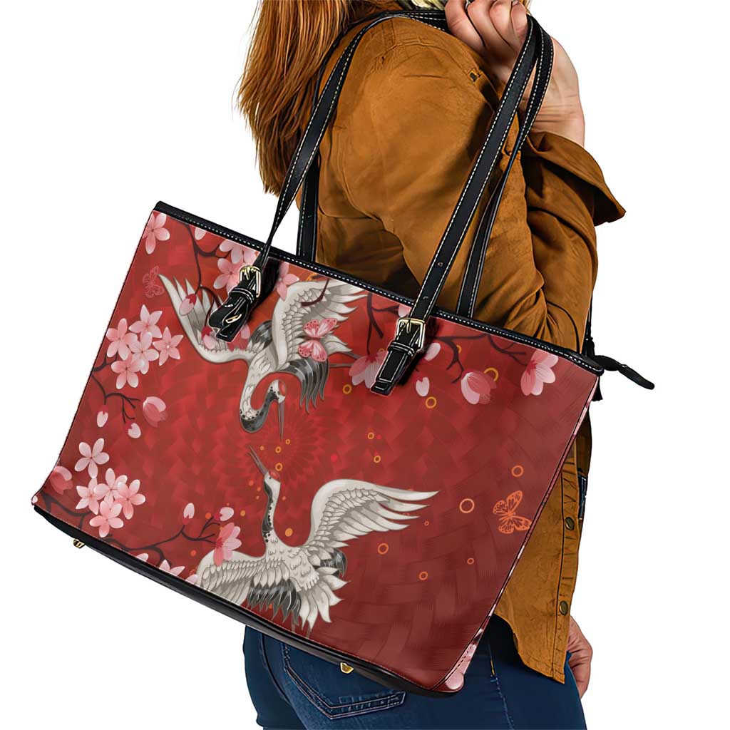 Hawaii Japan Cranes Sakura Flower Red Leather Tote Bag Japan Heritage Spirit - Polynesian Pride